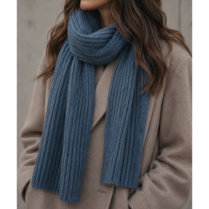 ribbed blue knit cashmere scarf model
