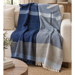 blue color block alpaca throw