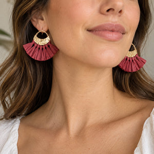 boho fan earrings red