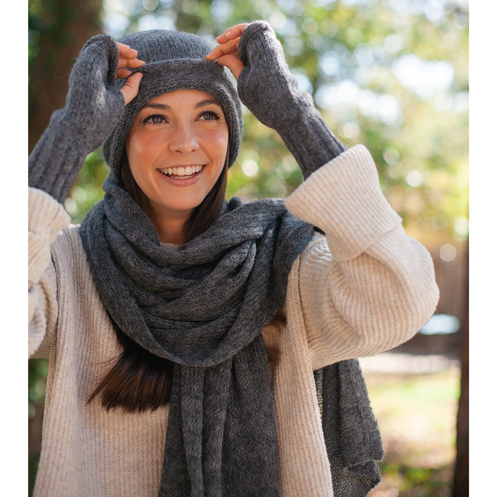 charcoal gray alpaca beanie scarf gloves