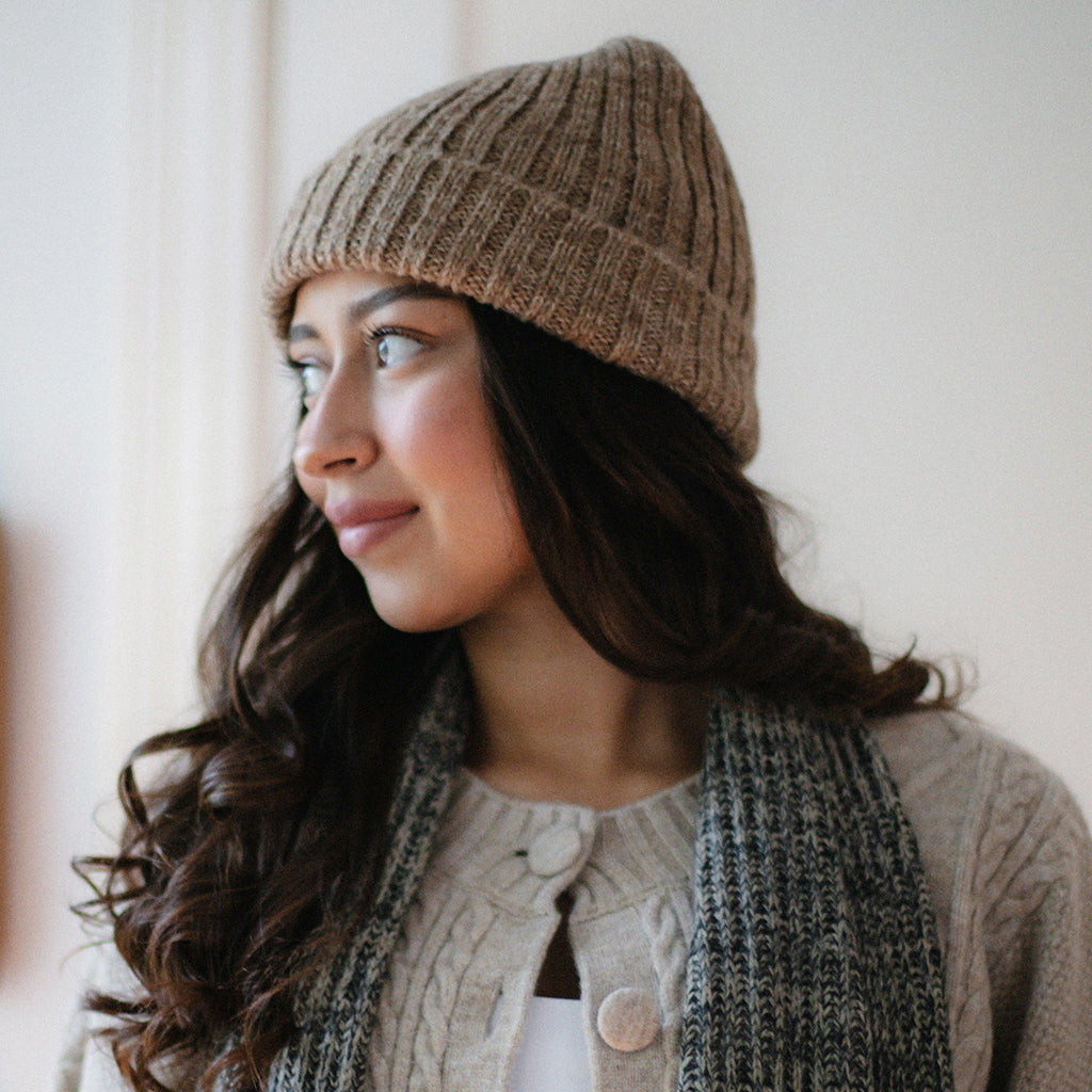beige alpaca beanie hat