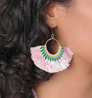 Pink Tassel Fan Earrings on Model